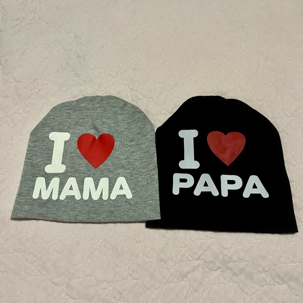 Matching I heart Mama & I Love Papa beanies